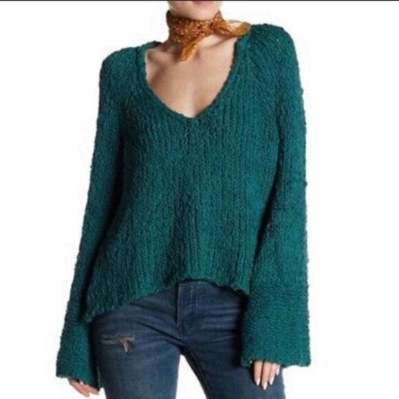 Free People Dune Bell Sleeved Green Oversized Cropped Knit V Neck Sweater S - Picture 2 of 15